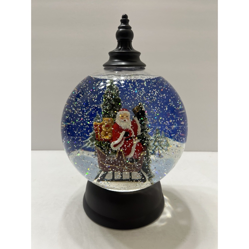 Christmas Snow Globe Santa In Sleigh Illuminated Black Base Finial 8.5" Glitter